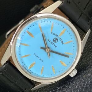 Vintage 1980 Favre Leuba Manual Mens Silver Watch W/Leather Strap